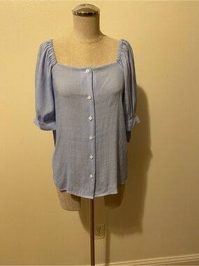 LC Lauren Conrad Light Blue Square-Neck Button Front Blouse